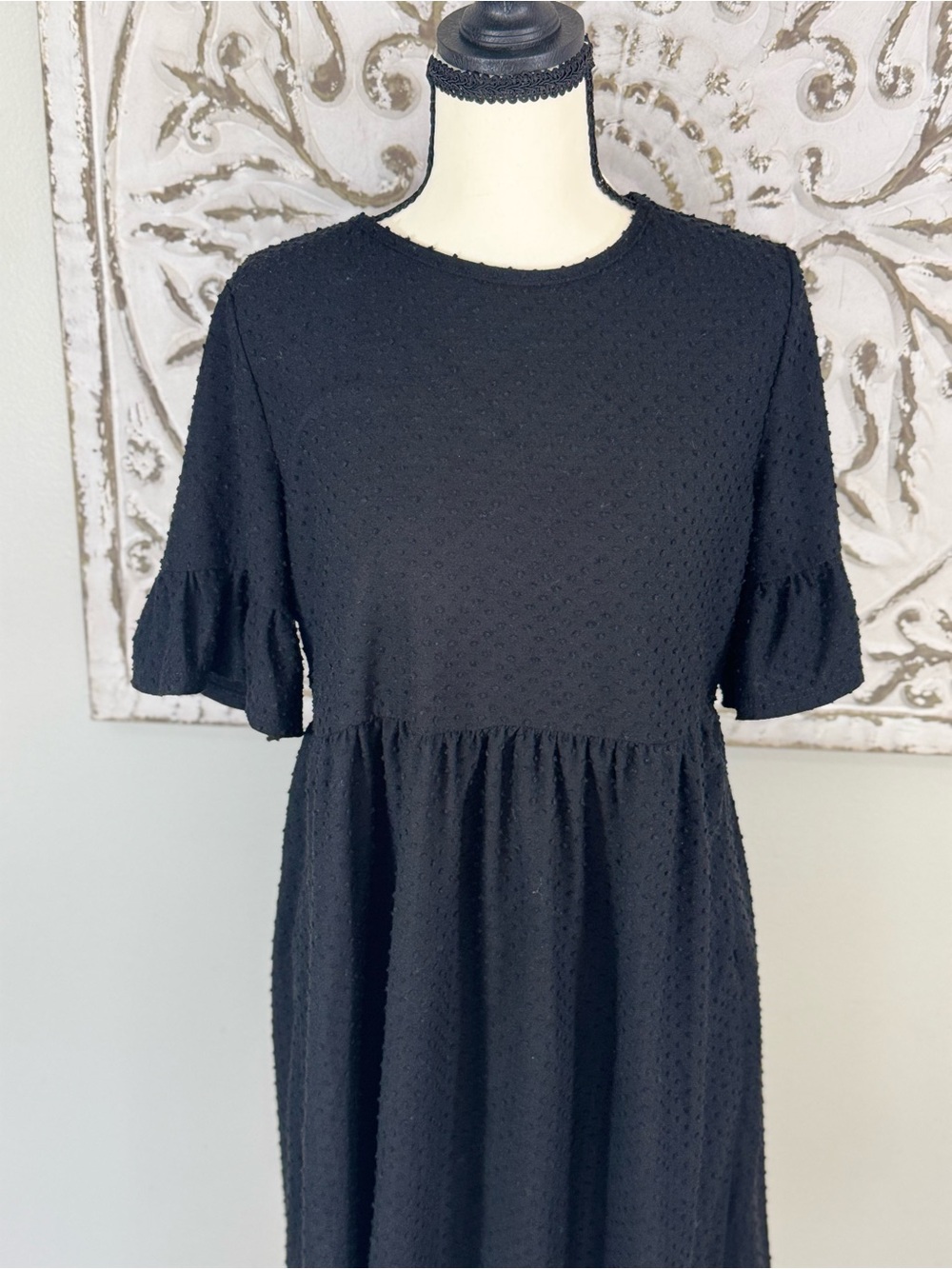 Black Swiss Dot Babydoll Dress – Ruffle Sleeve (Boutique Style)